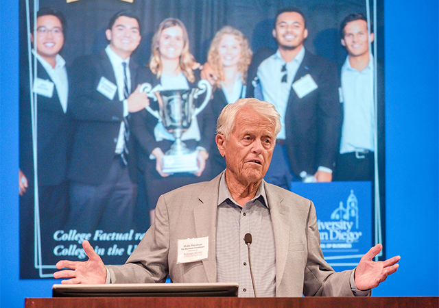 Malim Burnham, Emeritus policy advisory board member at the Burnham-Moores Center for Real Estate, announced a $2.3 million gift to support USD real estate students and faculty.