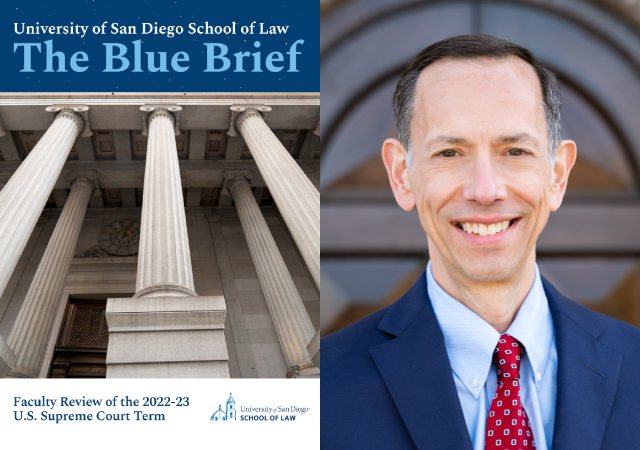 The cover of the 2023 Blue Brief (left) and Dean Robert A. Schapiro standing in front of a brown double door (right)