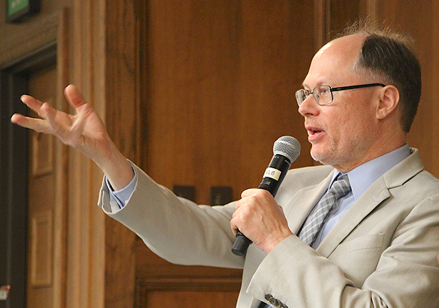 History Professor Kenneth Serbin speaks during a post-film screening for Dancing at the Vatican, a film about HD sufferers meeting Pope Francis.