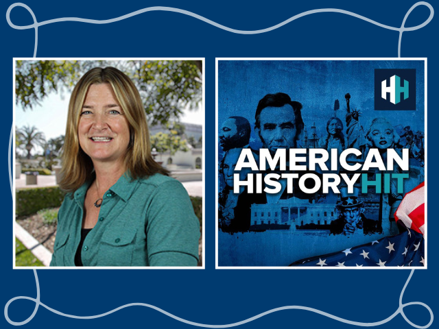 A headshot of Kathryn Statler and an image of the podcast logo. The logo reads "American History Hit."