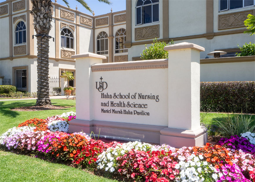 Exterior view of the University of San Diego Hahn School of Nursing and Health Science.
