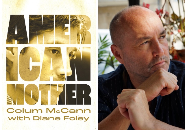 To the left is a book cover titled "American Mother" by Colum McCann with Diane Foley. To the right is a headshot of a person with a shaved head staring off into the distance. 