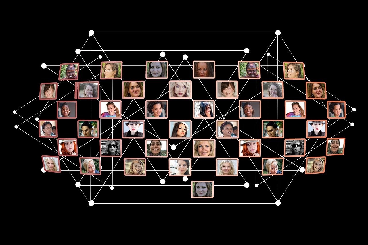 photographs of faces connected by lines against a black background