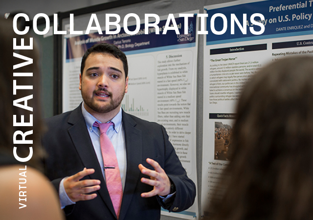 Student presenting research to two people