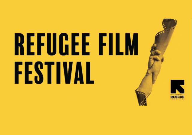 yellow background with "refugee film festival" in big blocky font