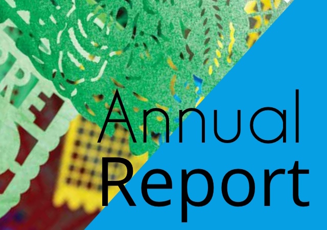 text says "annual report", image is half blue and the remaining half is a section of a paper cut banner