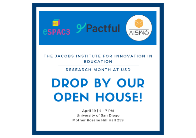an open house flyer with the date (april 17th), the time (4 to 7 p.m.), and the location (mother rosalie hill hall 259). it also has logos of VisMO, Pactful, and espac3.