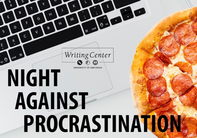 Writing Center, University of San Diego, Night Against Procrastination, and images of computer keyboard and a pizza