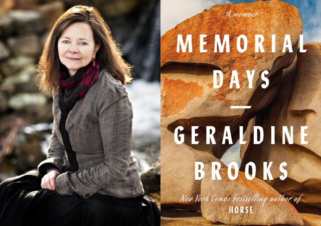 To the left is a picture of Geraldine Brooks to the right is an image of the cover of the book "Memorial Days" with an image of tan rocks. 