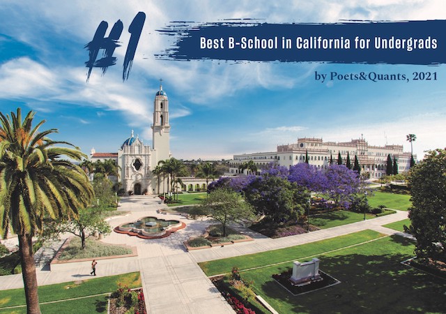 Image of USD's campus with text saying #1 Best B-School in California by Poets&Quants