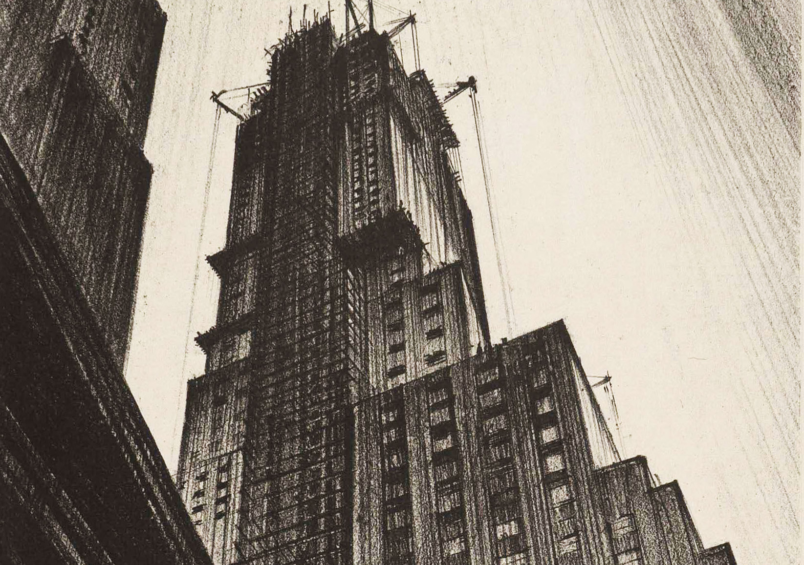 A skyscraper just upward at an extreme angle, rendered in black-and-white.