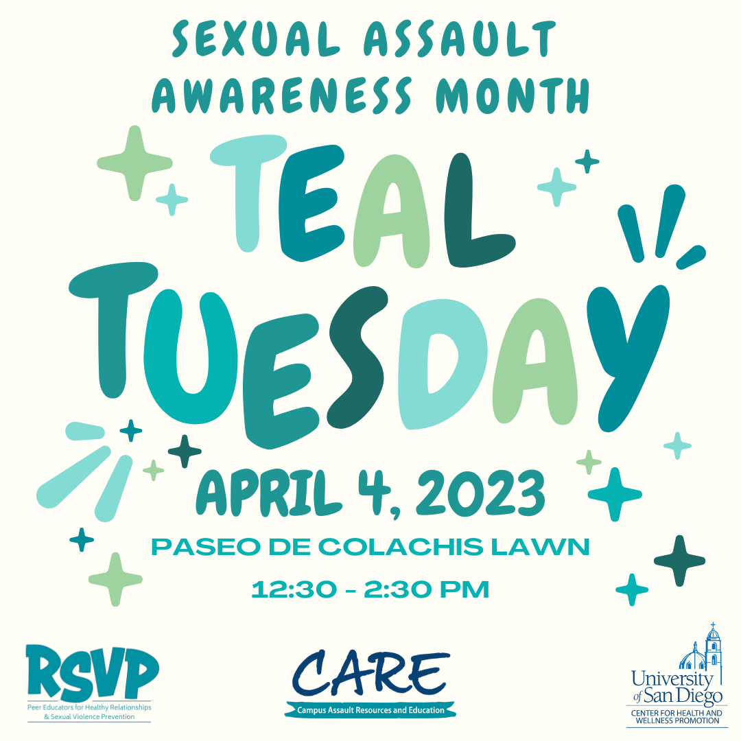cream background with the following text: sexual assault awareness month, Teal Tuesday, April 4th, 2023, Paseo de colachis lawn, 12:30-2:30 pm.
