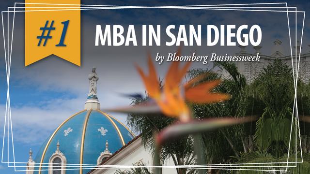 A USD Building with a bird of paradise in the foreground with text overlay announcing that our MBA program in #1 in San Diego