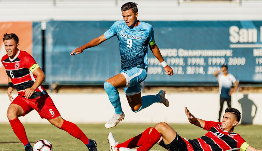 Former Torero soccer standout Miguel Berry, center, was drafted by the MLS' Columbus Crew in the first round, but the team has loaned him out to the San Diego Loyal SC for the rest of this season.