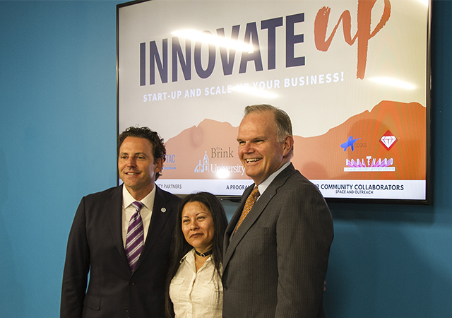 County Supervisor Nathan Fletcher, Entrepreneur Rudy Young Loaesa, USD President Harris pose together