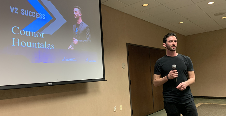 Connor Hountalas, the 2019 V2 Pitch Competition winner, speaks to prospective entrepreneurs earlier this spring. The 2020 V2 event has been postponed until Spring 2021, it was announced on April 3.