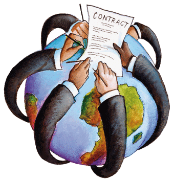 Graphic of multiple arms encompassing a globe and all signing the same contract