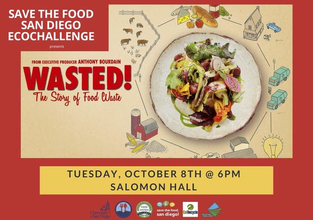 Plate of food and details for EcoChallenge's WASTED screening: Tuesday, October 8th, at 6pm in Salomon Hall
