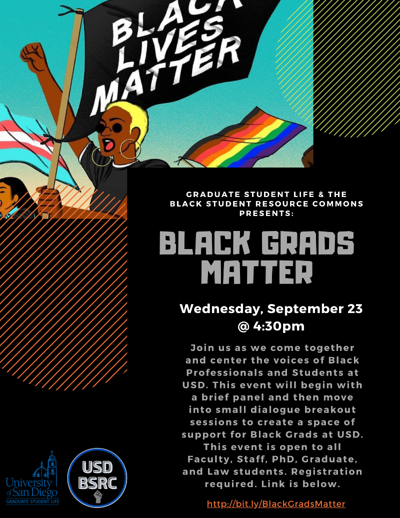 Black Grads Matter Flyer, drawing of woman holding Black Lives Matter Flag, black background with light grey and white text
