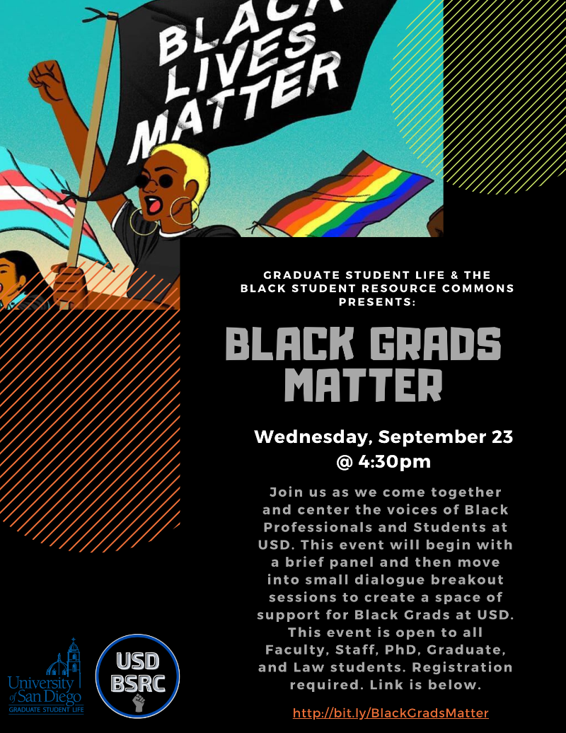 Black Grads Matter Flyer, drawing of woman holding Black Lives Matter Flag, black background with light grey and white text 