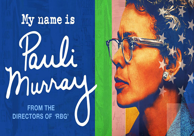 Poster for My Name is Pauli Murray. Pauli Murray faces to the left in front of a block color background.