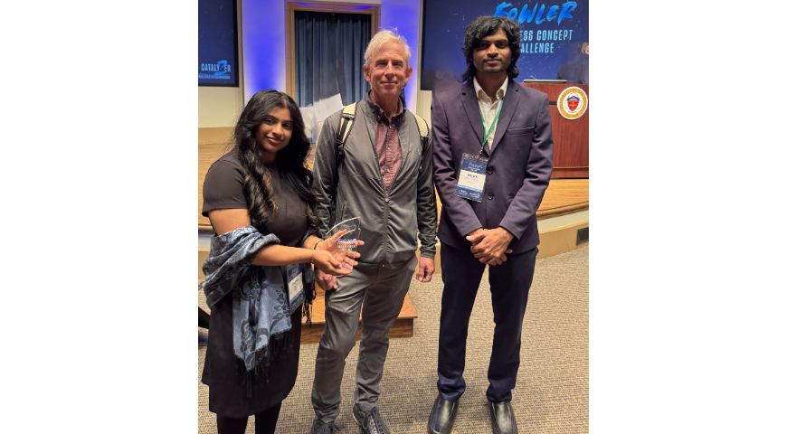 Brink Advisor Bobby Edelman with Aashika Arasu and Akash Thamizh from first-runner up QRinger who won $7,500 in scholarships