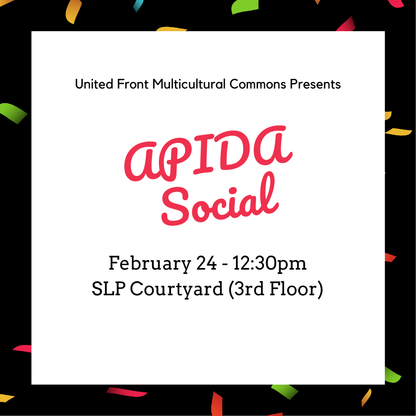 Black and white flyer with colorful confetti with the date and time of the social