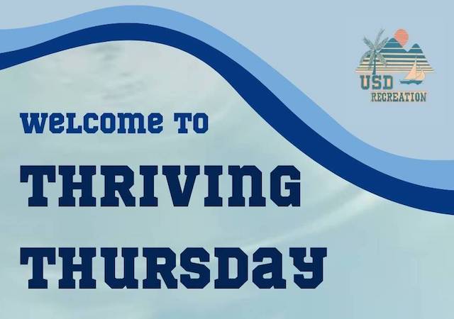 mage Description: The background features light blue rippling water. there is navy blue text on top of this water which reads- Welcome to Thriving Thursday, this week featuring: yoga on the lawn. Join us on 12/1 from 12:15-1:15pm. Come stress less with us and break up your day with an hour of yoga in the garden! Registration is free and limited to the first 25 people to sign up. There is a small bubble to register which is surrounded by silhouettes of folks doing yoga