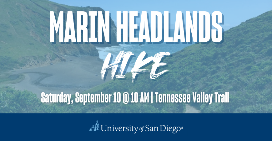 View of Marin Headlands canyon with event title and USD logo at the bottom of page