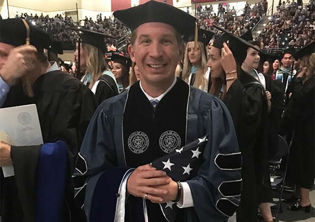 Derek Abbey '11 (MA), '19 (PhD) offered advice to current military-connected students and alumni during a Zoom event.