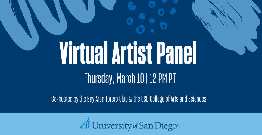 Light blue paint strokes on a dark blue background with the title and date of the event, Virtual Artist Panel on Thursday March 10th