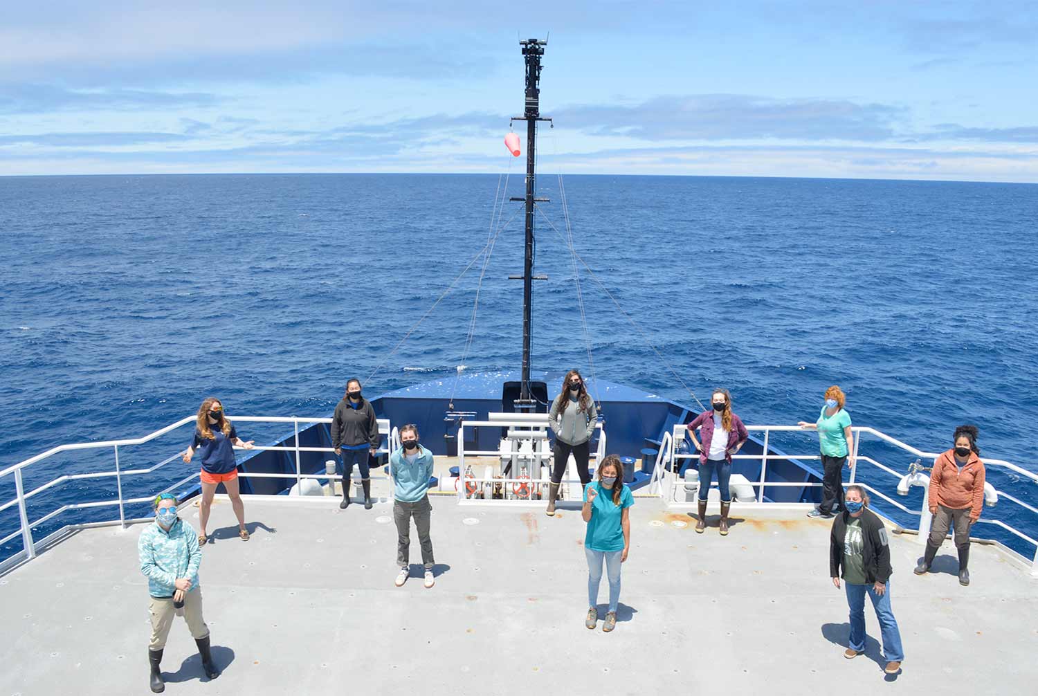 all ten women scientists aboard the Sally Ride, standing socially distant with masks on