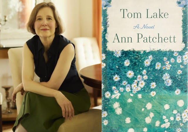 Ann Patchett sits resting her arms on her legs, smiling slightly into the camera.  To the right is an image of her book, Tom Lake, which is covered in a drawing of grass and daisies. 