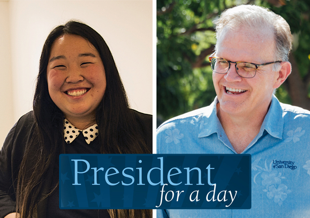 Tiffany Zhang and USD President James T. Harris III