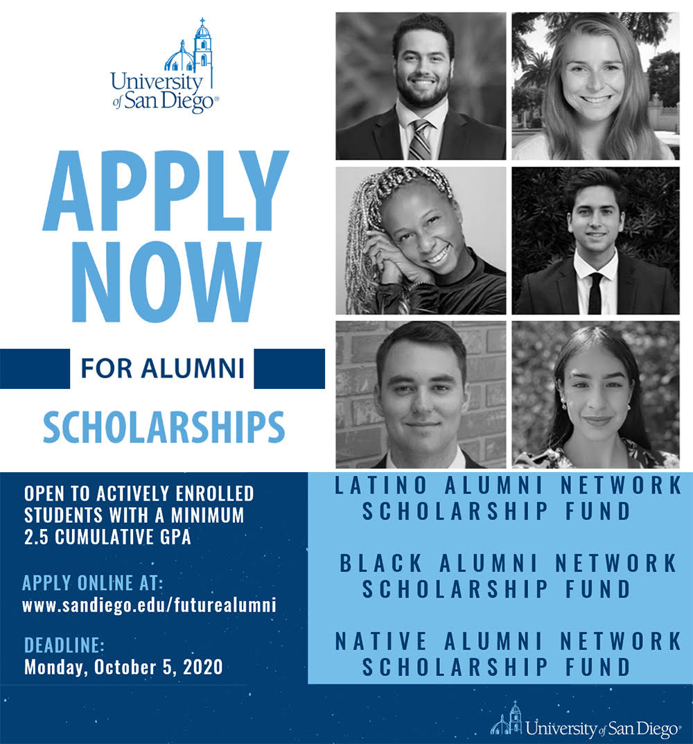 The USD Alumni Association has several scholarships available to actively enrolled students with a 2.5 cumulative GPA. Apply before October 5, 2020