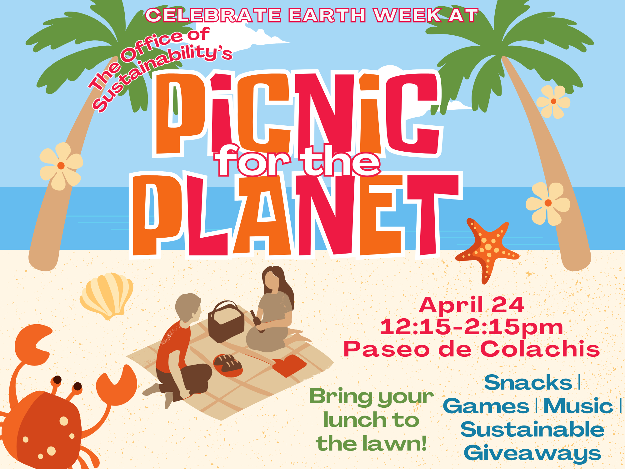 Cartoon beach scene with palm trees, two people sitting on a picnic blanket, seashells, and flowers. Flyer includes event details.