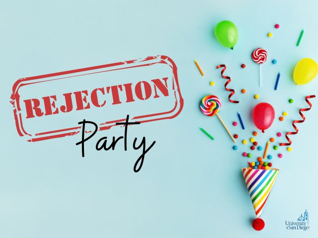 Confetti with text that reads "Rejection Party"