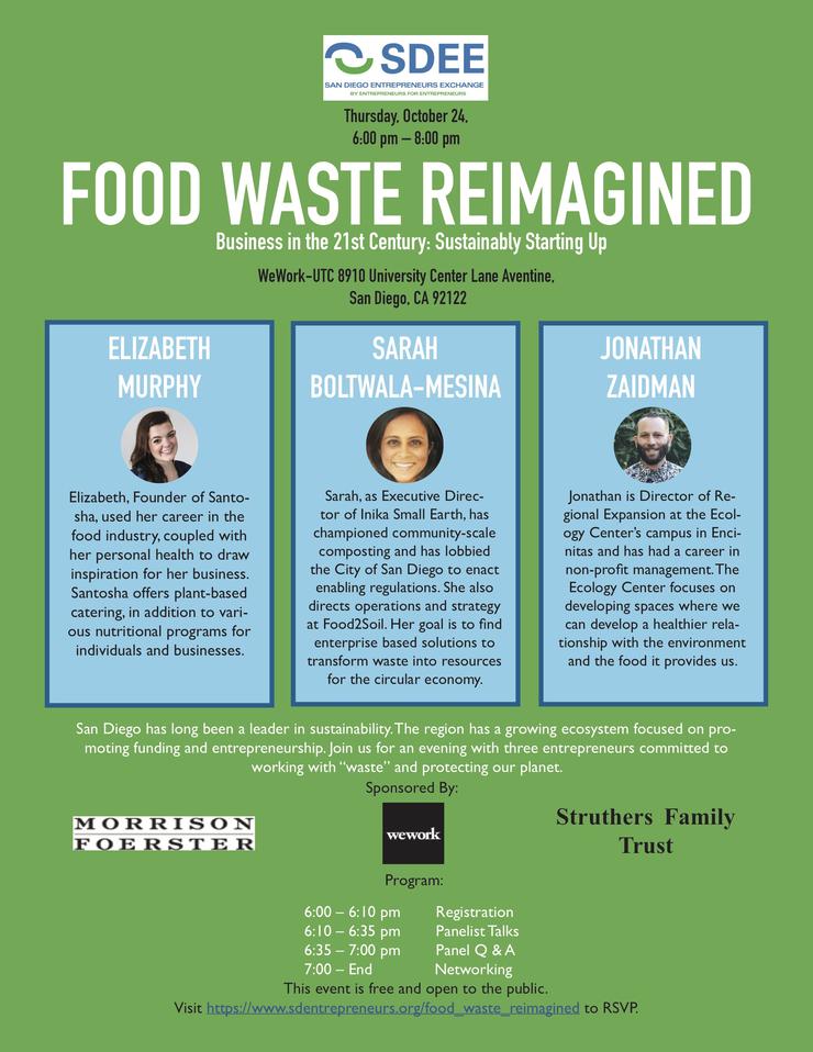 Flyer for Food Waste Reimagined Event.  Includes pictures of 2 women and 1 man who are speaking at the event.