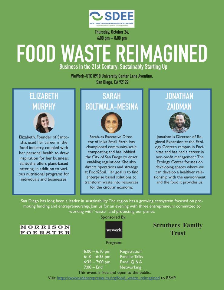 Flyer for Food Waste Reimagined Event. Includes pictures of 2 women and 1 man who are speaking at the event.