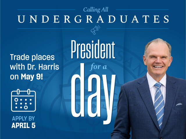 USD President Jim Harris shaking hands with former USD President for a Day, Miguel Hornedo