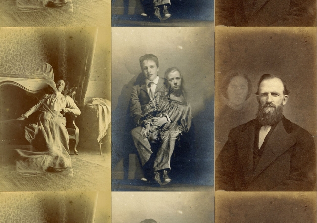 There are three ghost pictures. To the left is a woman sleeping, the center is a young boy sitting in a chair, and to the right is a bearded man. 