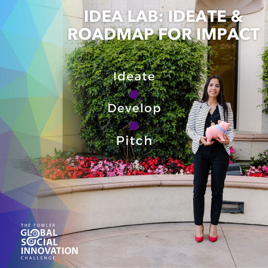 Woman holding a piggy bank, text reads: Idea Lab: Ideate & Roadmap for Impact
