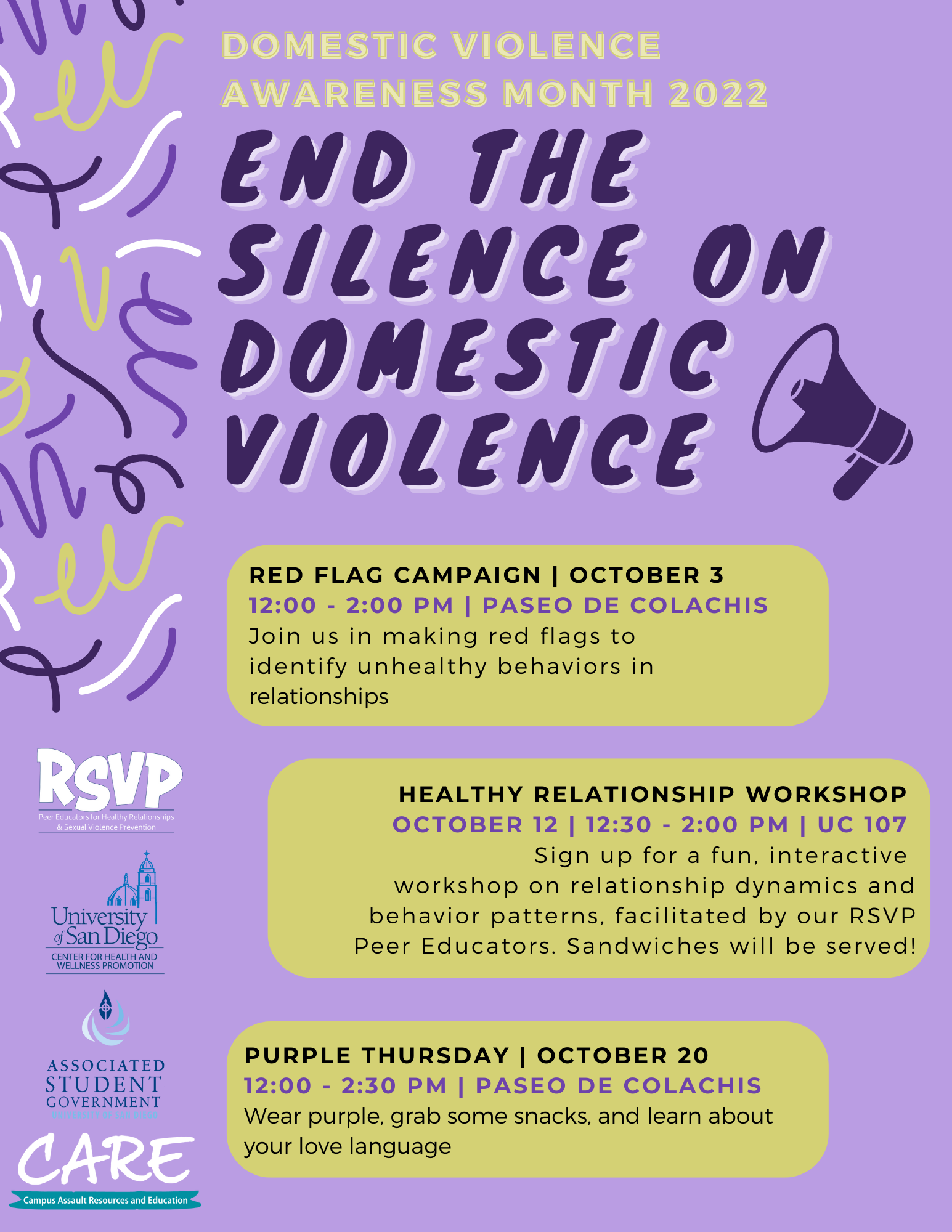Lavender background with green, purple, and white squiggly lines, a purple megaphone graphic, bold purple text that reads “End the Silence on Domestic Violence,” bold green text that reads “Domestic V