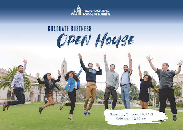 Graduate Business Open House flyer with people jumping
