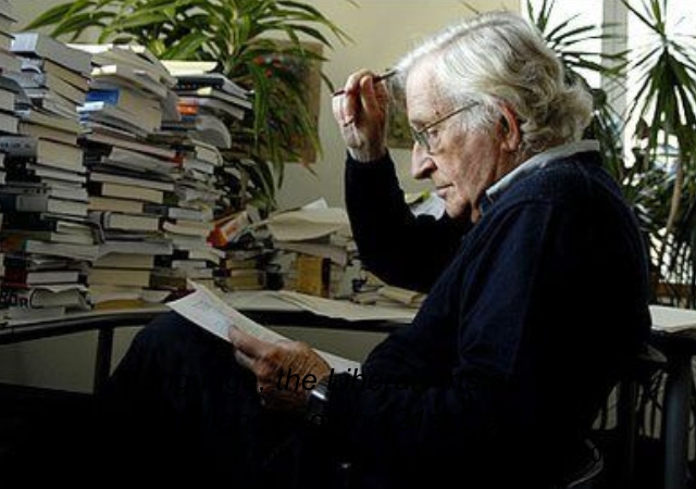 Noam sitting in a chair, reading a book, in front of a desk piled high with books. There is a potted plant in the background.