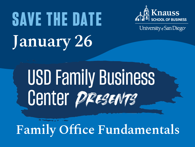Multi-blue colored thumbnail with details in white font for the Family Business Center's second symposium, Family Office Fundamentals. No image.