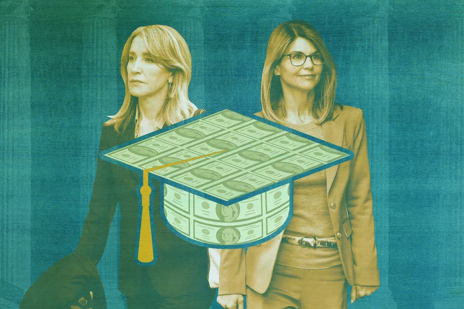 Illustration of Lori Laughlin and Felicity Huffman, celebrity parents involved in the 2019 college admissions scandal