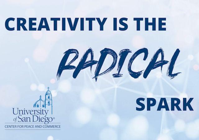 Event title, Creativity is the Radical Spark on light blue graphic