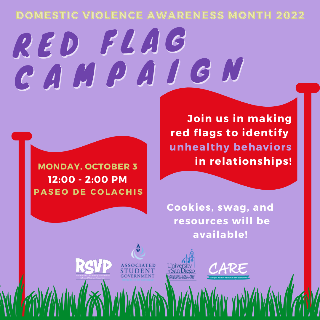 A purple flier with green grass on the bottom of the page, and red flags. Text says: DOMESTIC VIOLENCE AWARENESS MONTH 2022: RED FLAG CAMPAIGN. Join us in making red flags to identify unhealthy beh