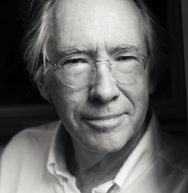 black and white closeup headshot of Ian McEwan